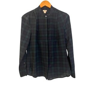J.Crew Black Watch Plaid Pleated Bib Blouse Navy Green Tartan Band Collar Small